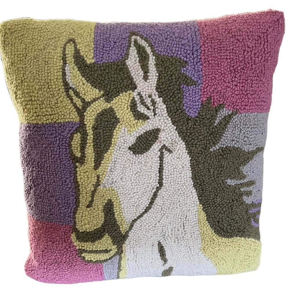 Hand Hooked Horse Equestrian Wool Decorative Pillow Cover 16x16”
